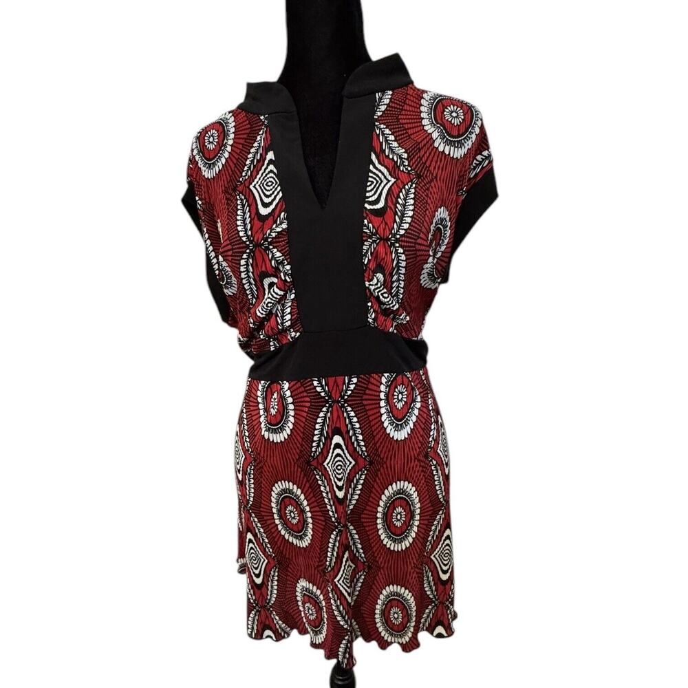 Dressbarn Top Blouse Tunic 1X Tie Back XL Red White‎ Black Geometric Paisley NWT